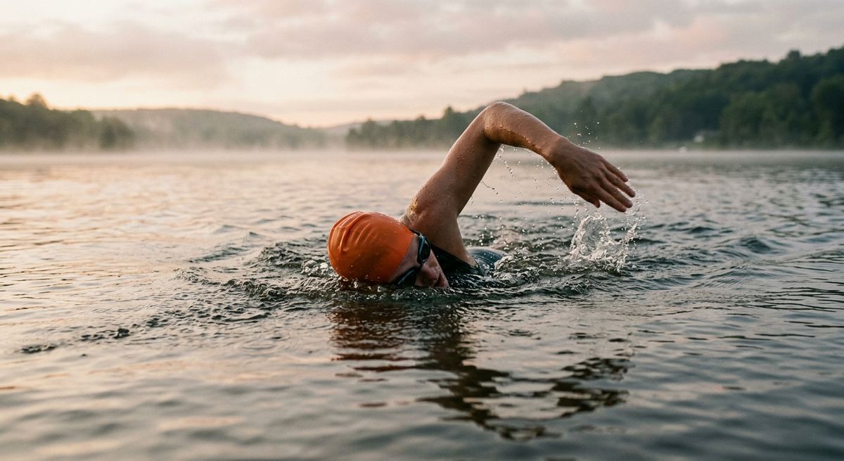 Freiwasserschwimmer mit oranger Badekappe beim Kraulen in einem ruhigen See.